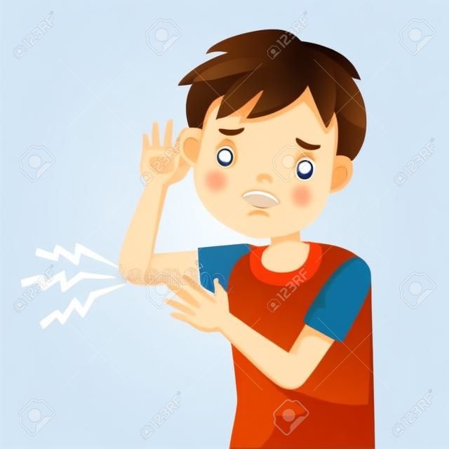 Elbow pain or sore. The boy is sick, Sick person and feeling bad. Cartoons showing negative gestures and feelings. The child is a patient. Cartoon vector illustration.