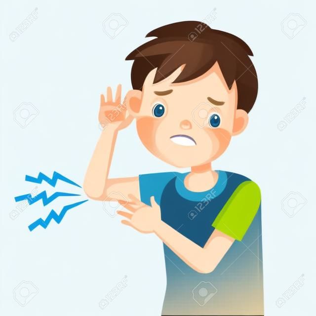 Elbow pain or sore. The boy is sick, Sick person and feeling bad. Cartoons showing negative gestures and feelings. The child is a patient. Cartoon vector illustration.