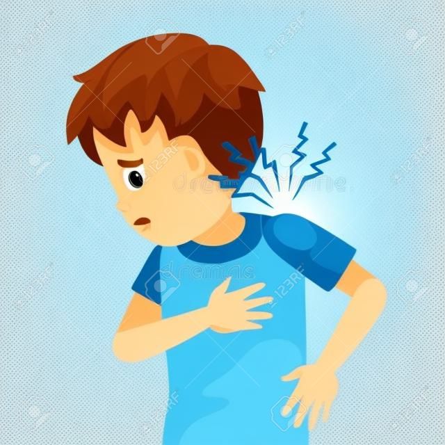 Sore shoulder or shoulder pain. The boy is sick, Sick person and feeling bad. Cartoons showing negative gestures and feelings. The child is a patient. Cartoon vector illustration.