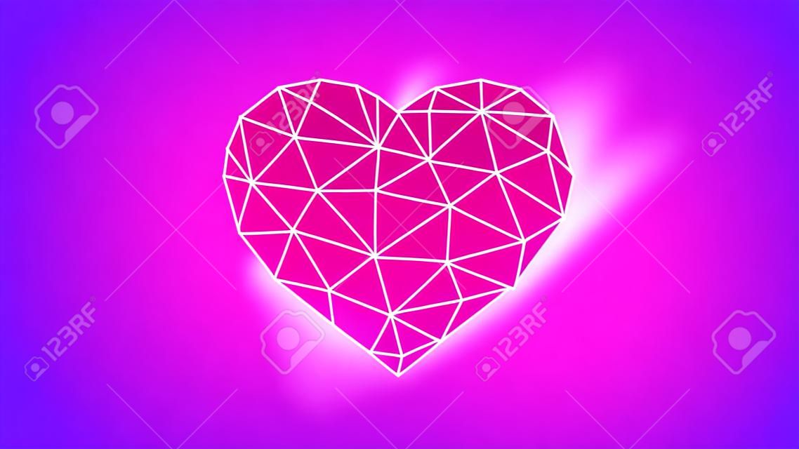 Vector illustration of a geometric heart made of lines and dots on a purple background.