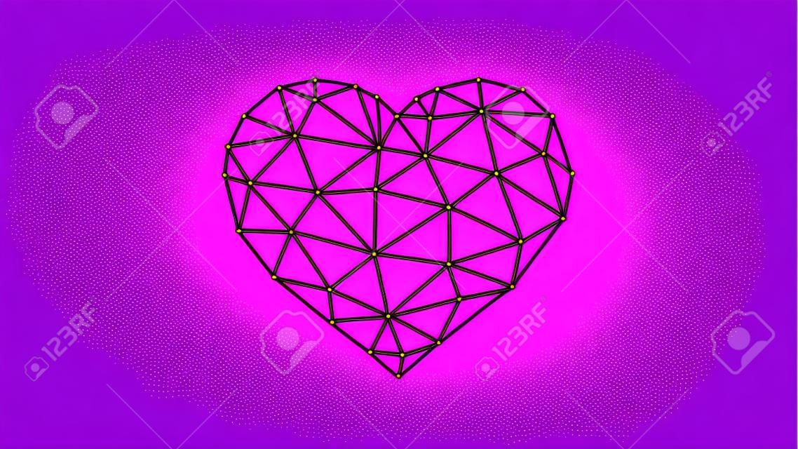 Vector illustration of a geometric heart made of lines and dots on a purple background.
