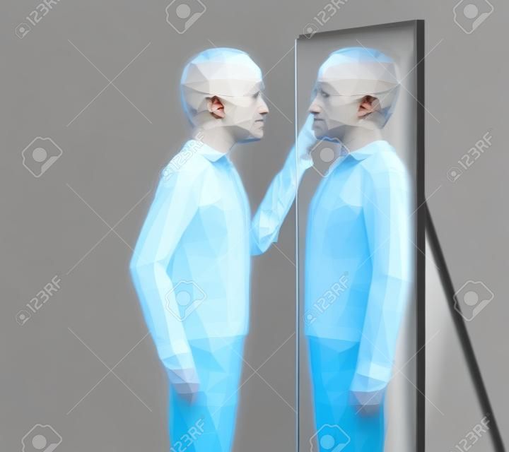 Ilustración abstracta de una persona que se para cerca de un espejo y otra persona en el reflejo ve. síndrome de impostor o esquizofrenia, diseño polivinílico bajo. concepto de trastorno mental.