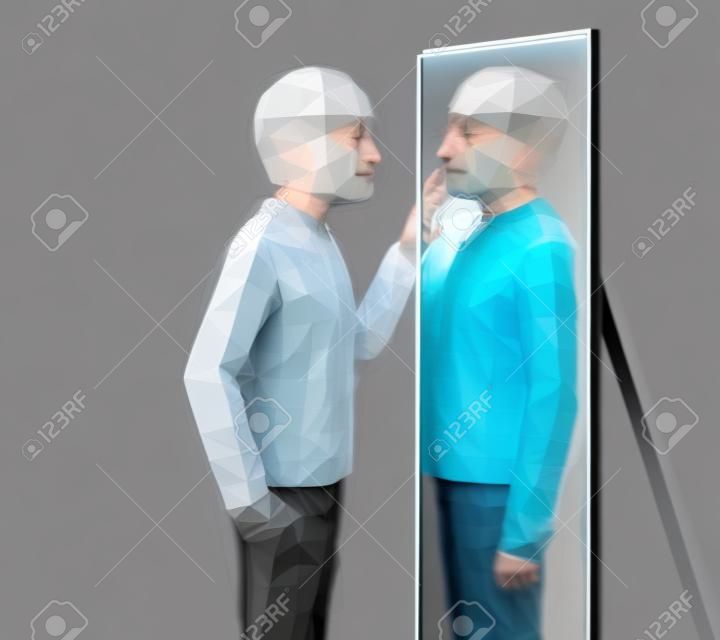 거울 근처에 서 있는 사람과 거울에 비친 다른 사람의 추상적인 삽화. 임 포스터 증후군 또는 정신 분열증, 낮은 폴리 디자인. 정신 장애 개념.