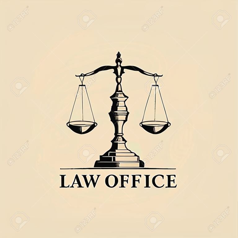 Law Office-Logo mit Skalen der Gerechtigkeit Illustration. Vector Vintage Anwalt, Advocate Label, juristische Firma Abzeichen.