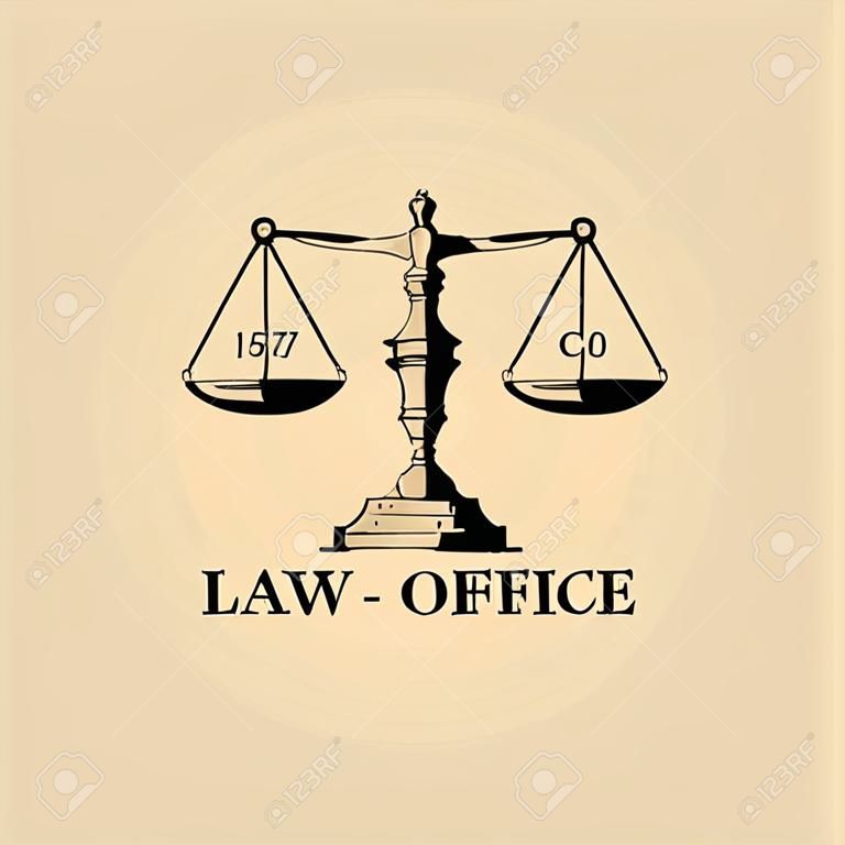 Law Office-Logo mit Skalen der Gerechtigkeit Illustration. Vector Vintage Anwalt, Advocate Label, juristische Firma Abzeichen.