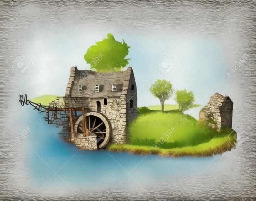 Hand sketched of old rustic water mill. Vector rural landscape illustration of irish countryside or scottish highlands.