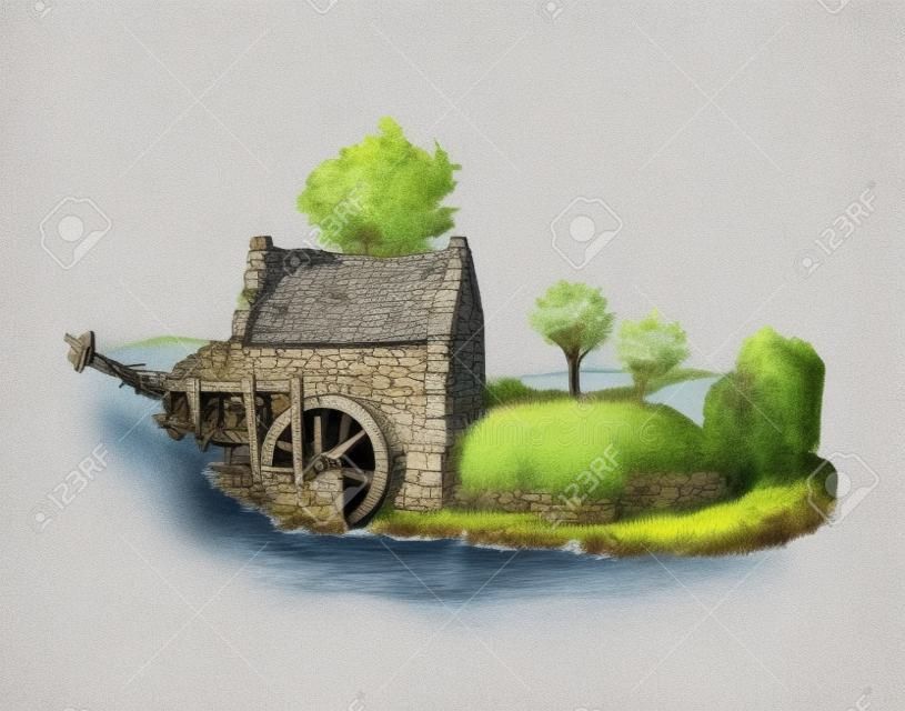Hand sketched of old rustic water mill. Vector rural landscape illustration of irish countryside or scottish highlands.
