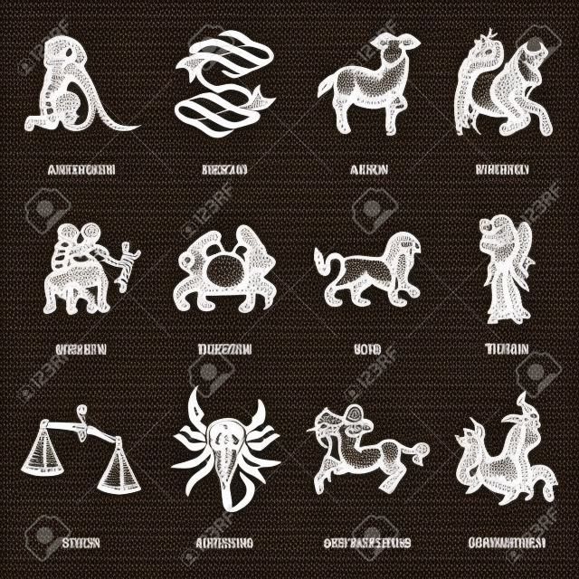 Set di simboli zodiacali, disegnati a mano in stile incisione.