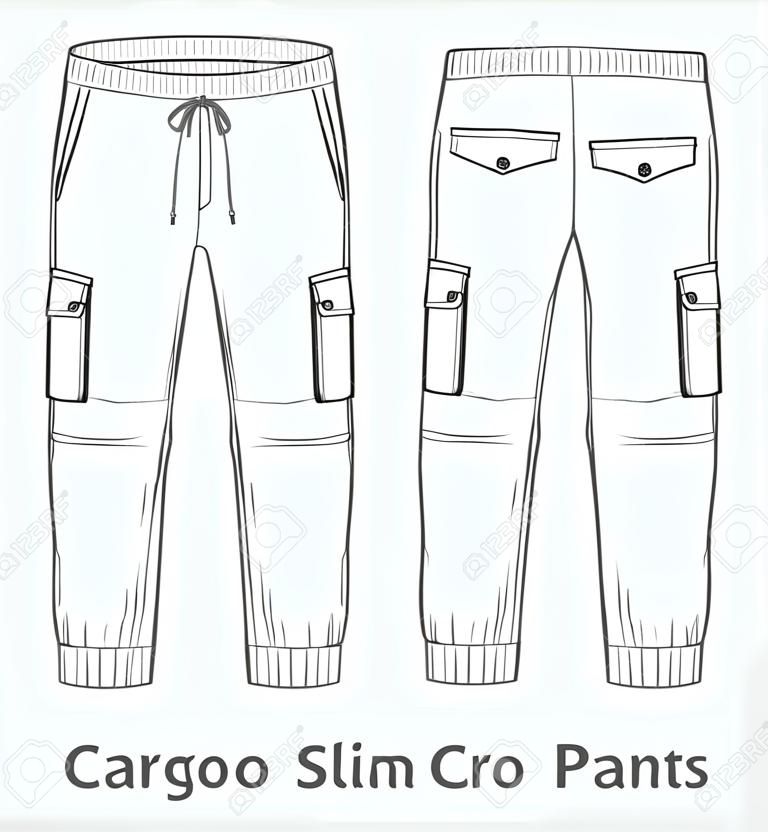 Boceto técnico de moda, pantalones cargo slim fit para hombre con 2 bolsillos de parche