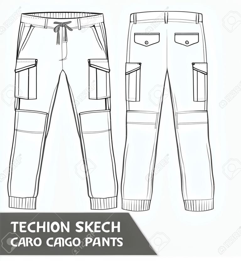Boceto técnico de moda, pantalones cargo slim fit para hombre con 2 bolsillos de parche