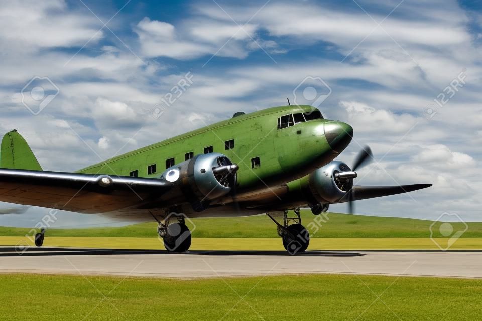 Dakota Douglas C 47 transporta avião velho embarcado na pista de verão