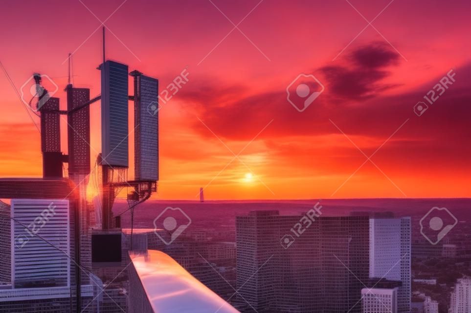 市と夏の夕日を背景に携帯電話通信タワー