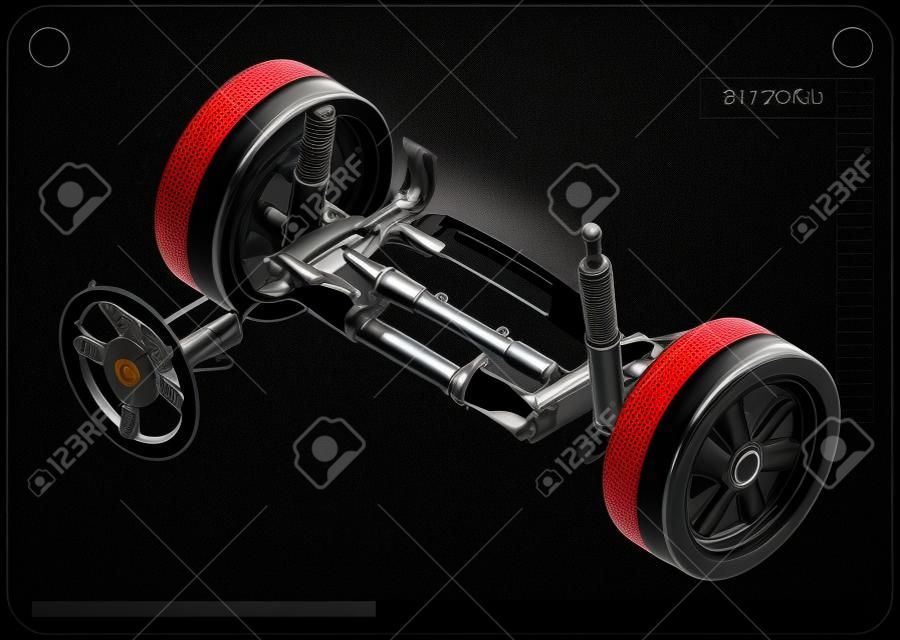 黒背景にステアリングコラムと車サスペンションの3Dモデル