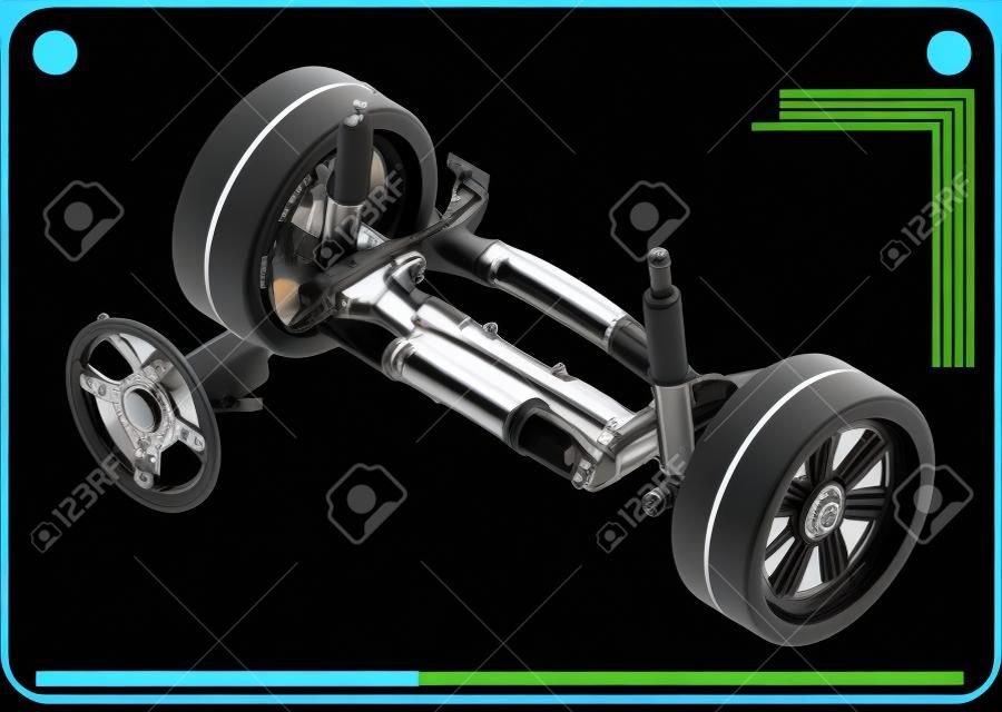 3D-Modell von Lenksäule und Autoaufhängung auf schwarzem Hintergrund