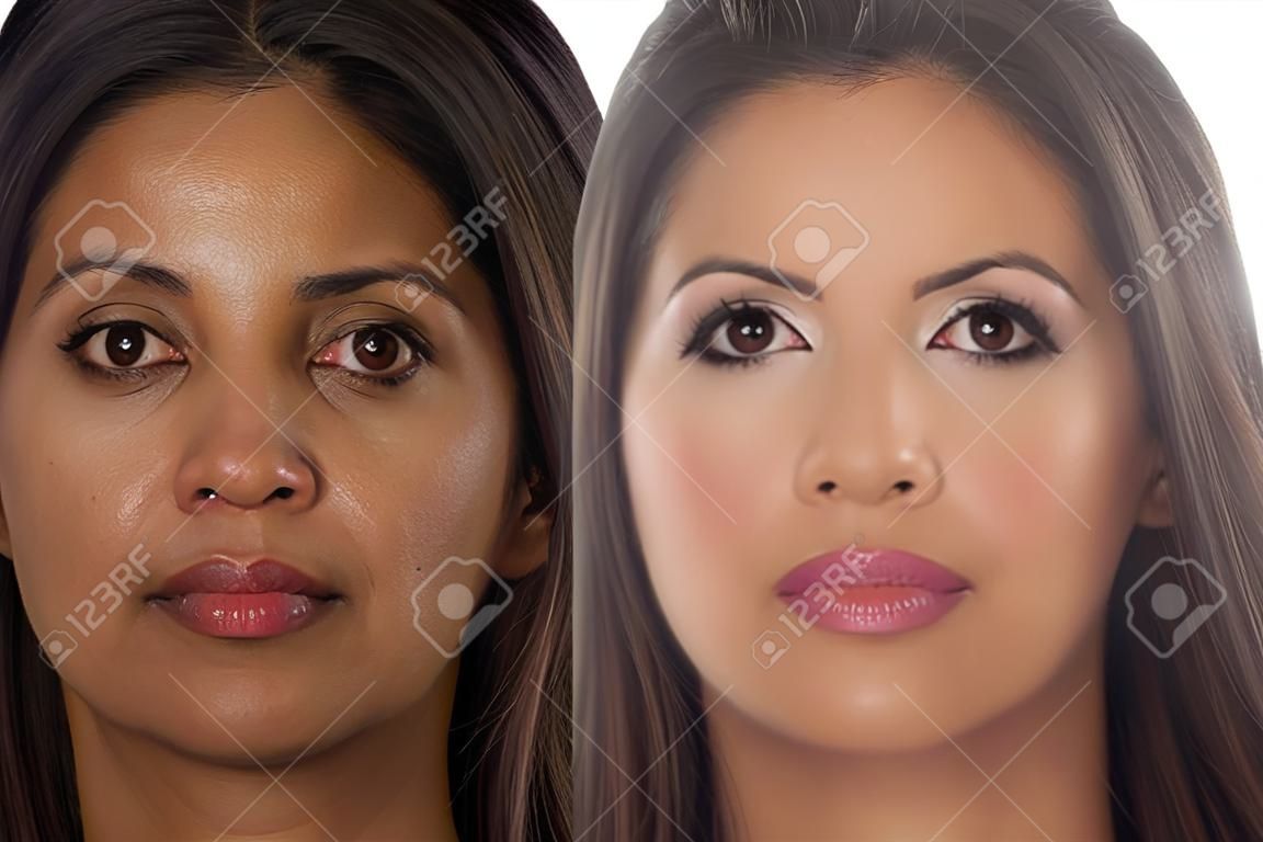 Comparison portrait of an exotic beautiful woman without and with makeup