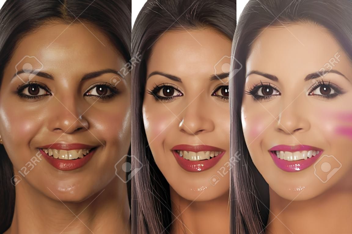 Vergleich Porträt einer exotischen schönen Frau ohne und mit Make-up