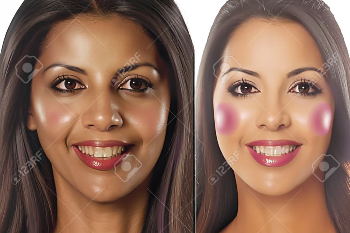 Comparison portrait of an exotic beautiful woman without and with makeup