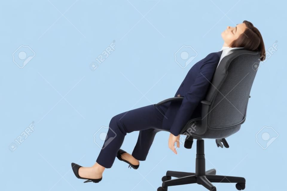 tired businesswoman sleeping in armchair on white background