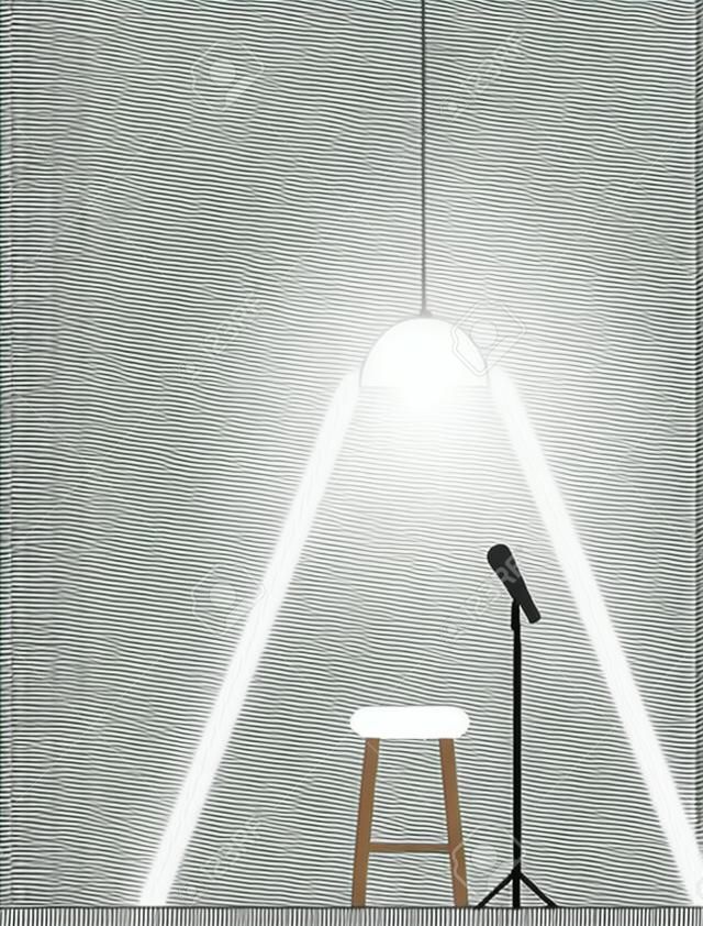 Modèle d'affiche de stand-up comédie micro ouvert. Illustration de style de dessin au trait avec microphone, tabouret et lampe à barres tendance.
