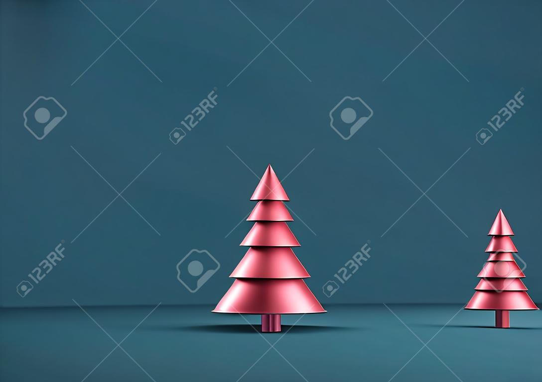 Christmas minimalistic greeting postcard background with christmas trees on colorful background. 3D rendering.