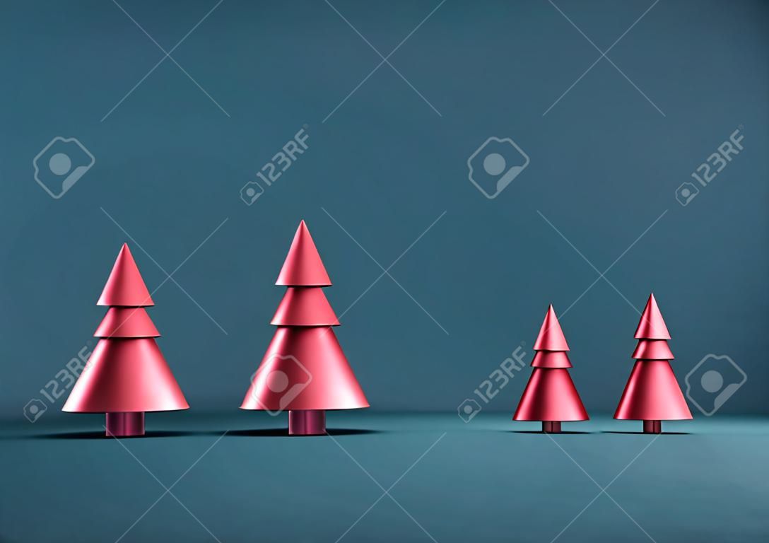 Christmas minimalistic greeting postcard background with christmas trees on colorful background. 3D rendering.