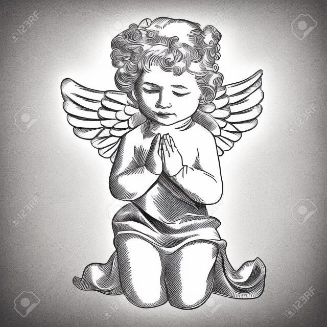 ángel reza en sus rodillas dibujado a mano llustration vector esbozo realista