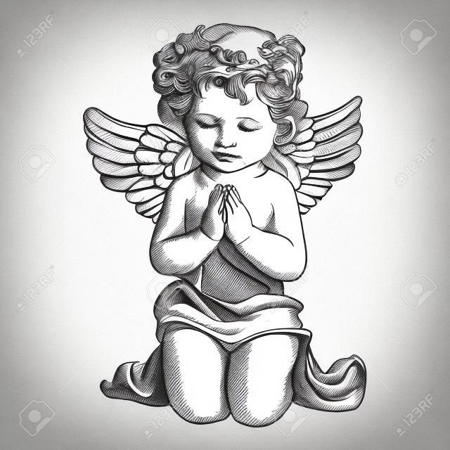 angel prays on his knees hand drawn vector llustration  realistic  sketch