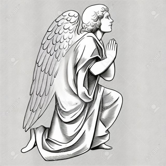 Engel bidt op zijn knieën religieus symbool van het christendom hand getekend vector illustratie schets