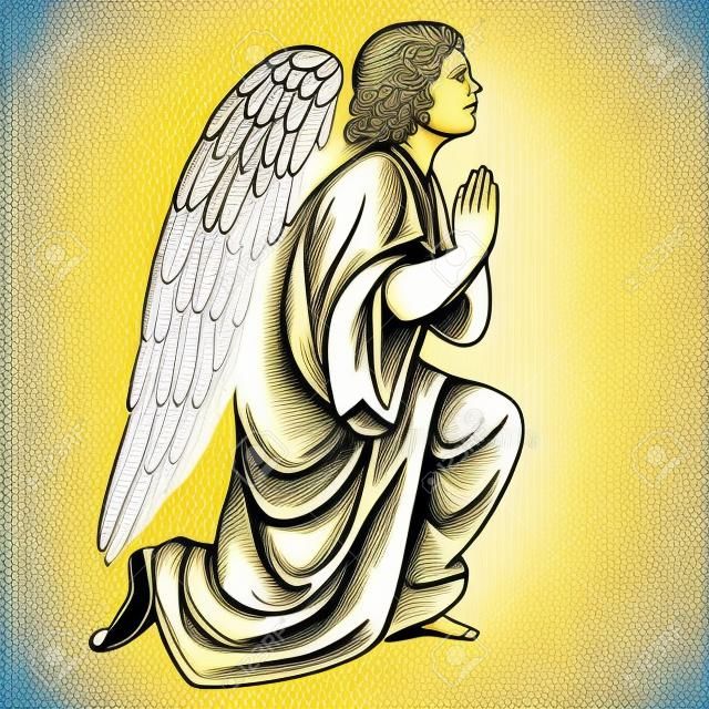 Angel prays on his knees religious symbol of Christianity hand drawn vector illustration sketch