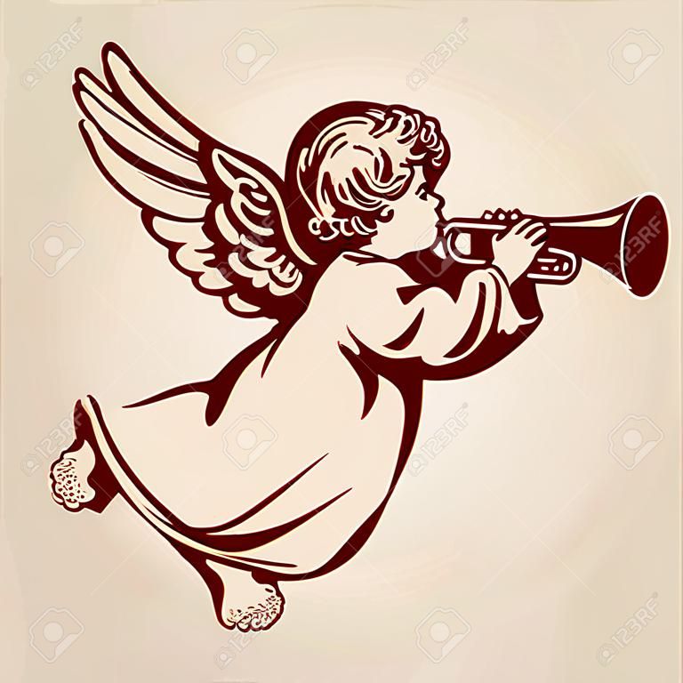 anioł leci i gra na trąbce, religijny symbol chrześcijaństwa ręcznie rysowane wektor ilustracja szkic