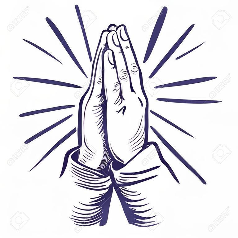 Mains en prière, symbole du christianisme croquis d'illustration vectorielle dessinés à la main.