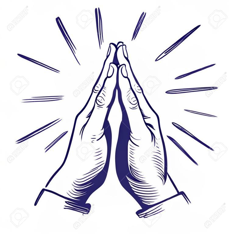 Mains en prière, symbole du christianisme croquis d'illustration vectorielle dessinés à la main.
