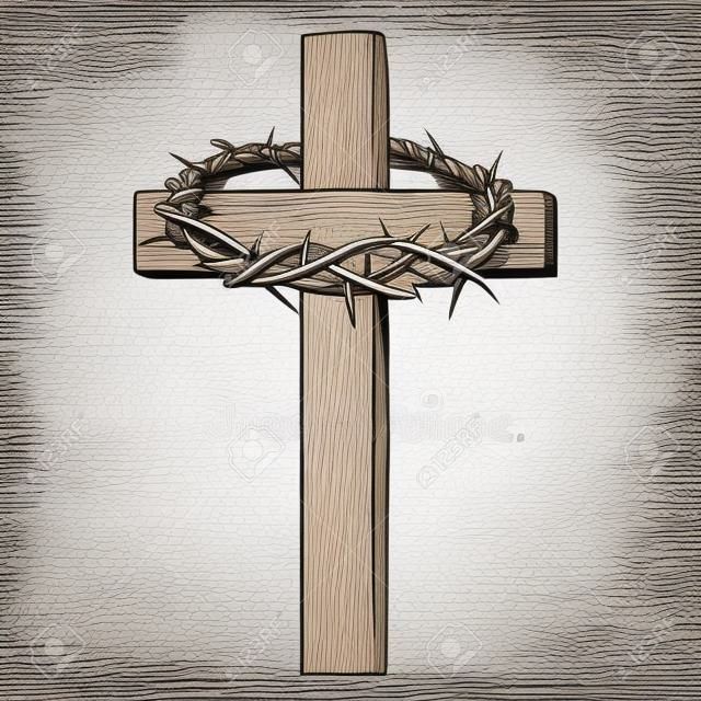 coroa de espinhos, cruz de madeira. Páscoa. símbolo do cristianismo mão desenhada ilustração vetorial esboço