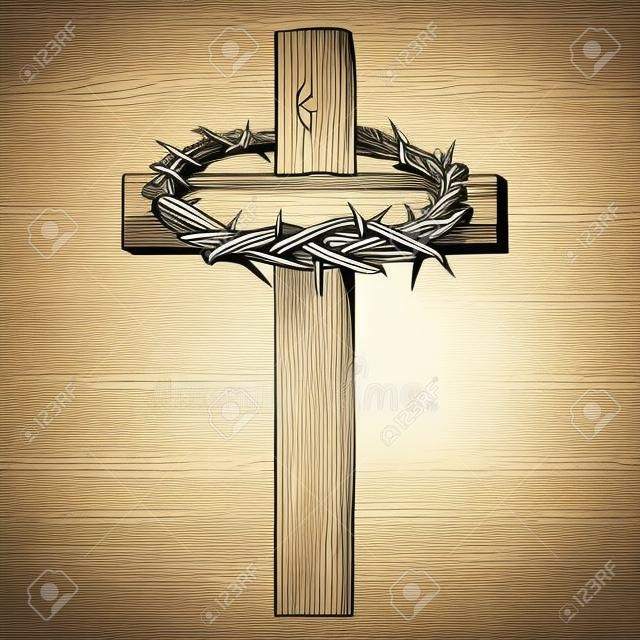 coroa de espinhos, cruz de madeira. Páscoa. símbolo do cristianismo mão desenhada ilustração vetorial esboço