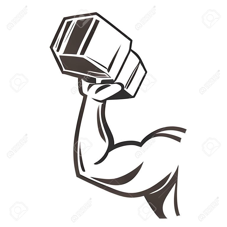 Brazo, bíceps, mano fuerte sosteniendo una pesa, icono de dibujos animados dibujados a mano ilustración vectorial boceto