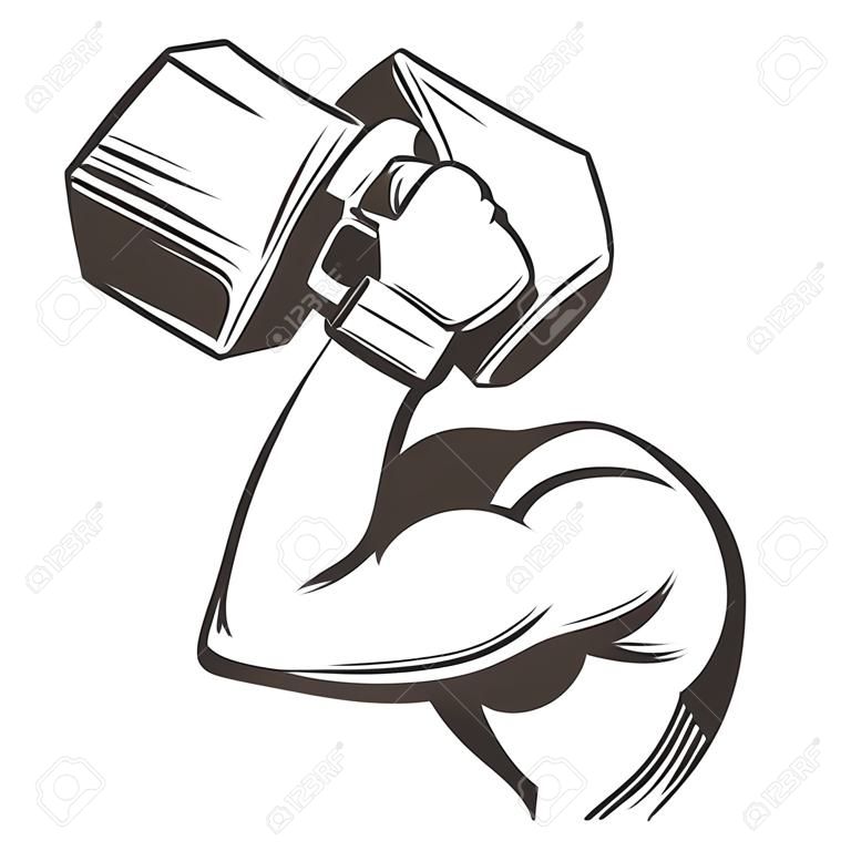 ramię, biceps, silna dłoń trzymająca hantle, ikona kreskówka ręcznie rysowane wektor ilustracja szkic