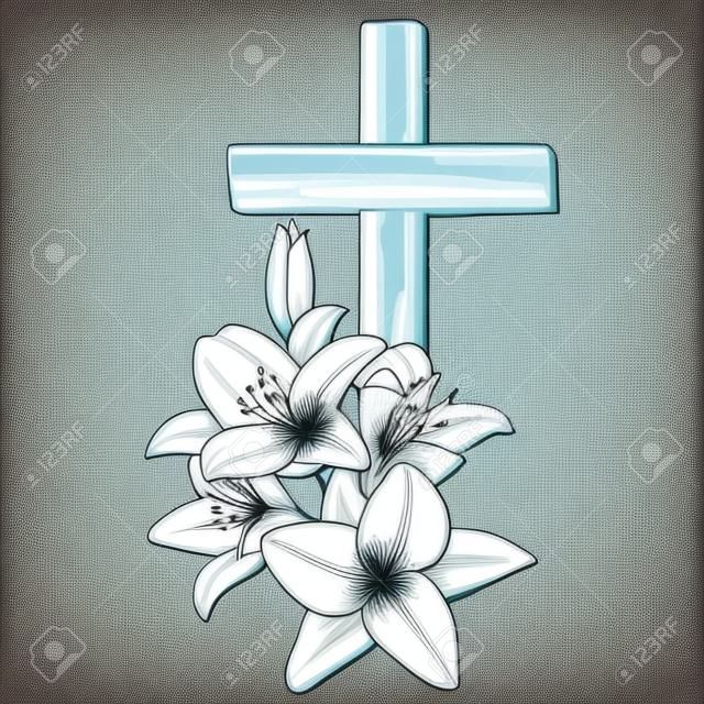 Feliz páscoa, lírios floridos da cruz e floral, páscoa. símbolo do esboço da ilustração do vetor desenhado à mão do cristianismo