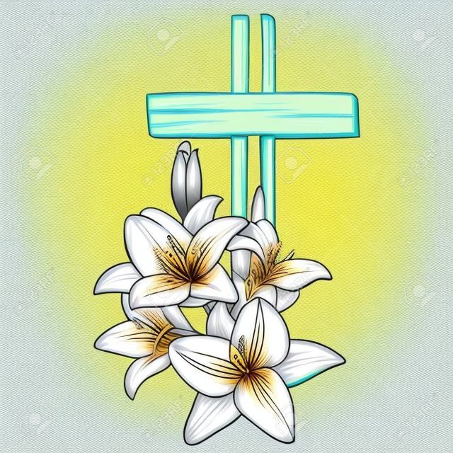 Feliz páscoa, lírios floridos da cruz e floral, páscoa. símbolo do esboço da ilustração do vetor desenhado à mão do cristianismo