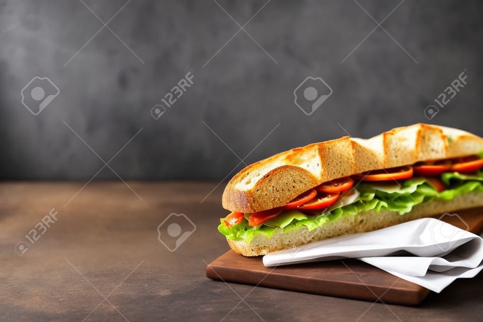 A sandwich of dark bread with salad, bacon, tomatoes, cheese and onions. Baguette. Breakfast. Fast food. Healthy eating. Recipes.