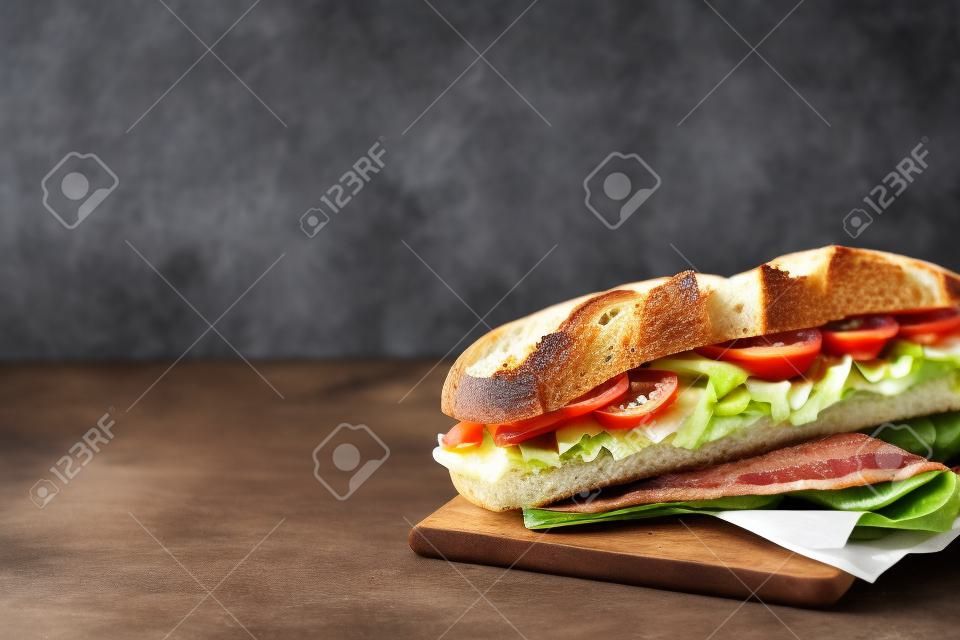 Ein Sandwich aus dunklem Brot mit Salat, Speck, Tomaten, Käse und Zwiebeln. Stangenbrot. Frühstück. Fast Food. Gesundes Essen. Rezepte.