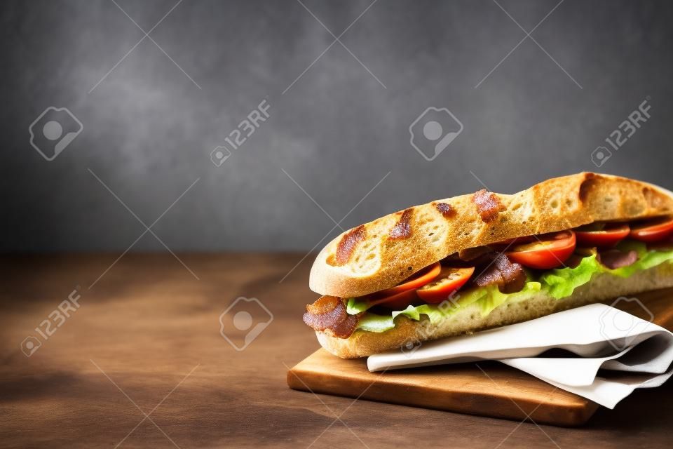 Un panino di pane scuro con insalata, pancetta, pomodori, formaggio e cipolle. Baguette. Colazione. Fast food. Mangiare sano. Ricette.