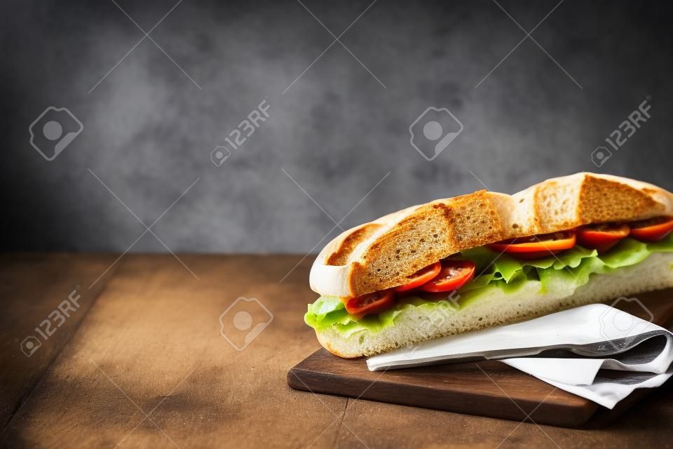 Een broodje donker brood met salade, spek, tomaten, kaas en uien. Baguette. Ontbijt. Fastfood. Gezond eten. Recepten.