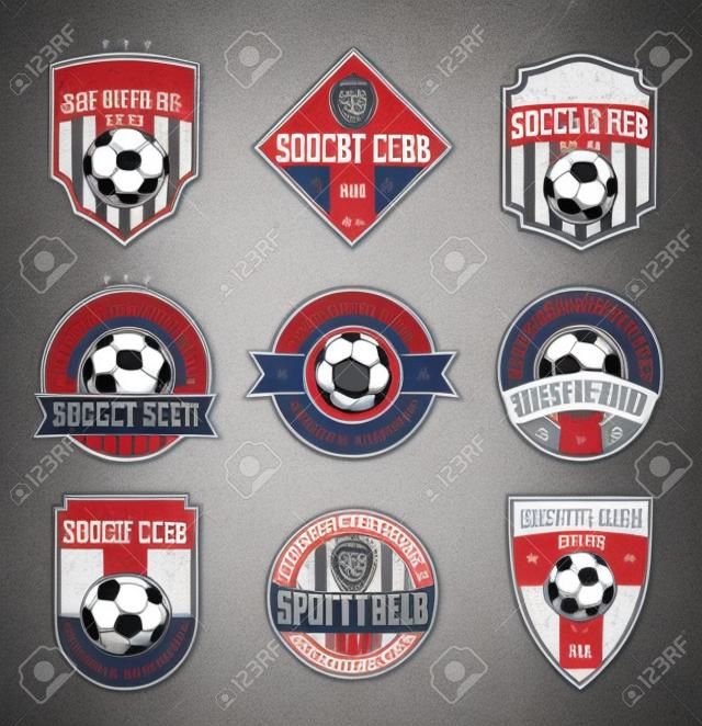 Zestaw szablonów logo klubu piłki nożnej piłka nożna. Piłkarskie etykiety piłkarskie z przykładowym tekstem. Soccer Football ikony dla turniejów sportowych i organizacji. Tożsamość drużyny sportowej.