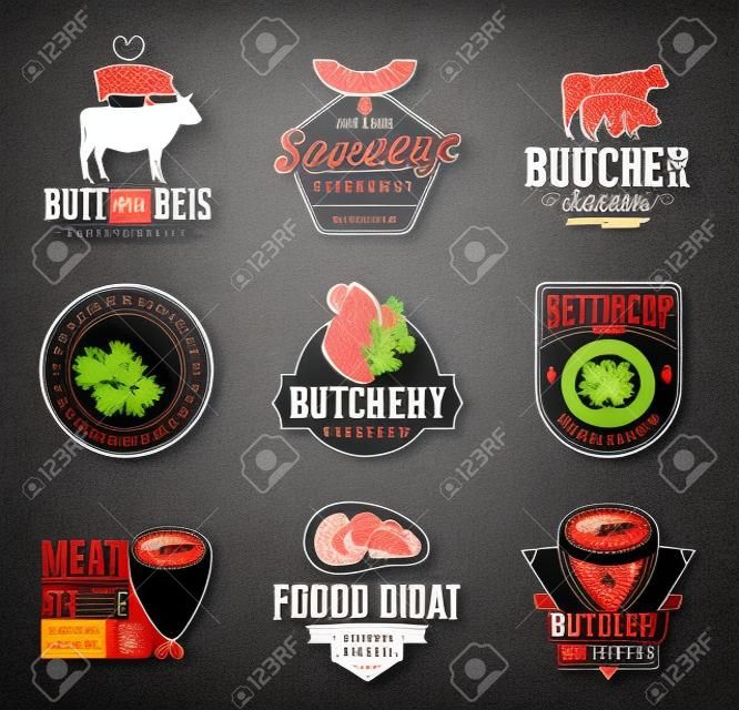 Set of butchery logo, icons and design elements on black background for grocery, food labels and meat store branding and identity.