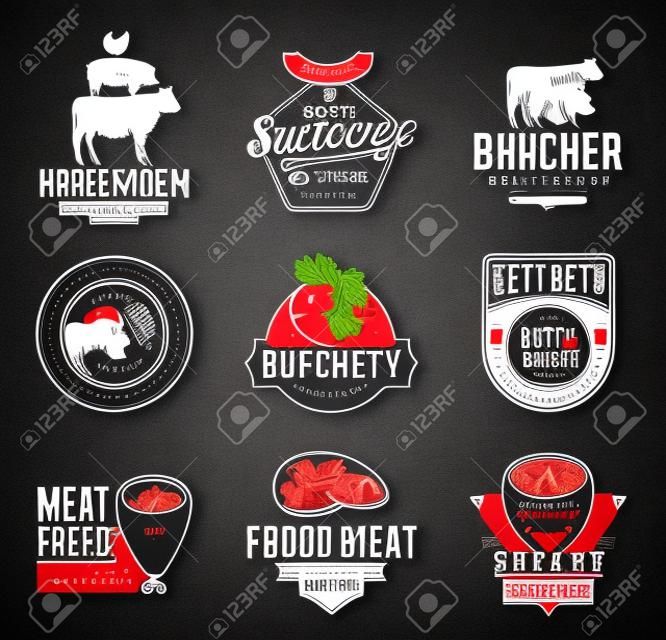 Set of butchery logo, icons and design elements on black background for grocery, food labels and meat store branding and identity.
