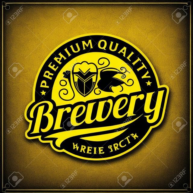 Vector il logo bianco e giallo della fabbrica di birra d'annata isolato su fondo nero per il marchio e l'identità della fabbrica di birra