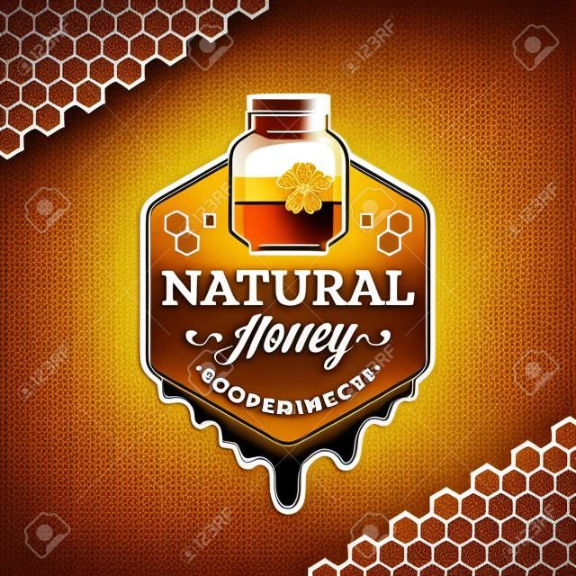 Logotipo de mel vetorial com jarra, gotejamento de mel e favos de mel.