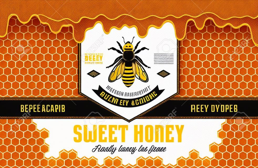 Etiqueta de miel y plantilla de diseño de envases con abejas, panales y miel que gotea para colmenar y productos de apicultura, bandas e identidad.
