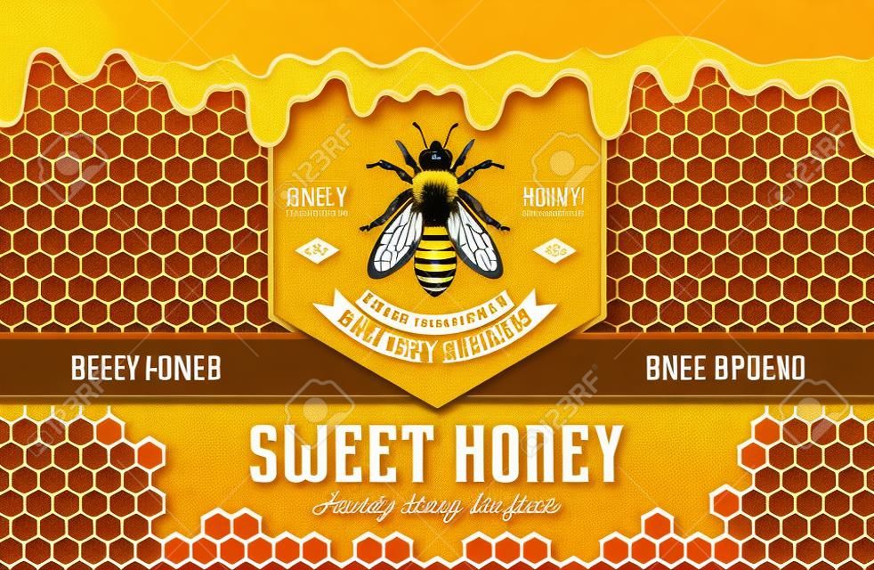 Etiqueta de miel y plantilla de diseño de envases con abejas, panales y miel que gotea para colmenar y productos de apicultura, bandas e identidad.