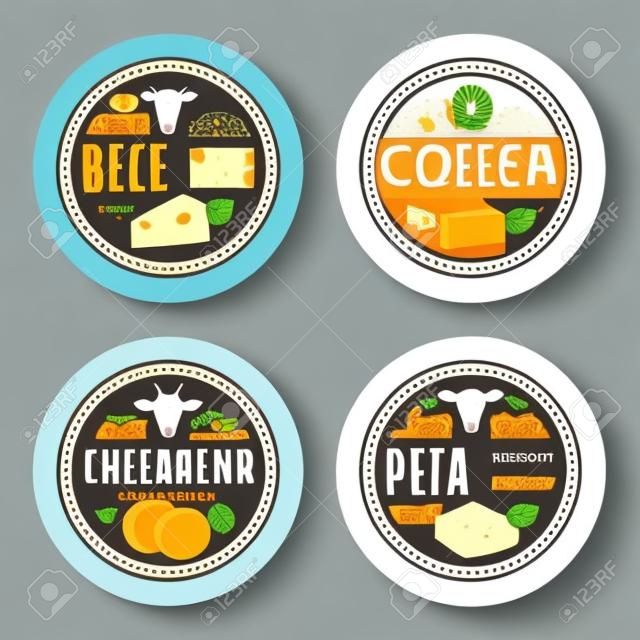 Etiquetas redondas de queijo de vetor e modelos de design de embalagem. Diferentes tipos de ícones detalhados de queijo. Ilustração de produtos lácteos para laticínios, embalagem e marca de mantimentos. cones de vaca, ovelha e cabra.